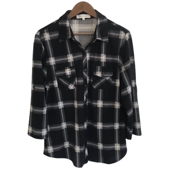 Eden & Olivia Women’s Top Button Down 3/4 Sleeve Knit Black & White Plaid Size L - Picture 2 of 10
